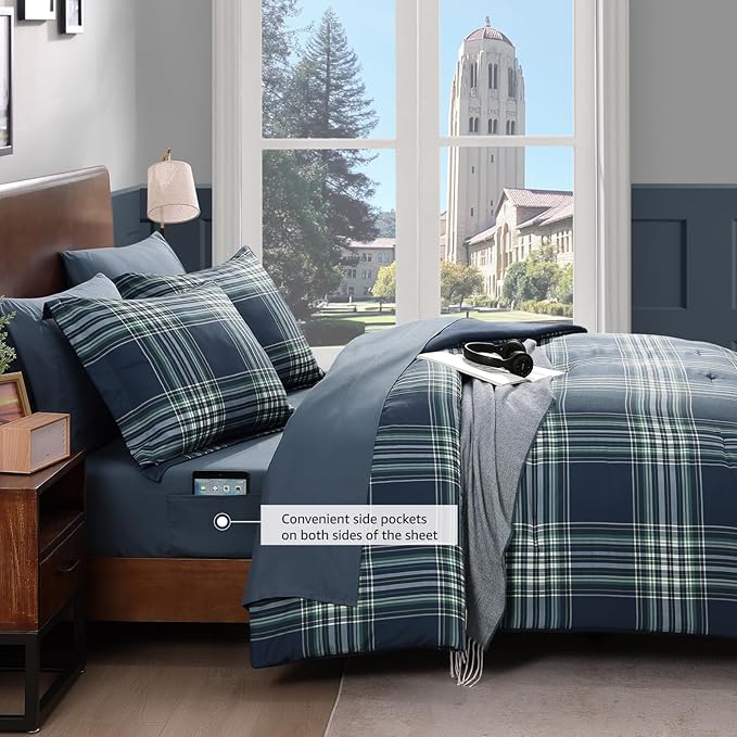 Plaid Queen Comforter Set, Midnight Blue Bedding Set 7 Pieces for Boys Girls Teen, Classic Farmhouse Bed in a Bag with Sheets, Pillowcases & Shams