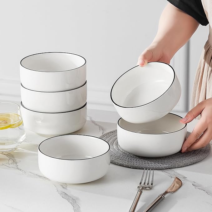 MALACASA 24 OZ Cereal Bowls, Porcelain Soup Oatmeal Bowls Set of 6, White Kitchen Ceramic Serving Bowl wtih Black Rim, Dishwasher Microwave Oven Safe, White, Series LUNA