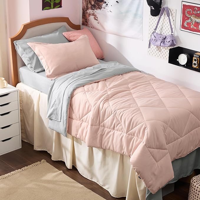 Bedsure Twin XL Comforter Set - 5 Pieces Reversible Blush Pink Bedding, Twin XL Size Bed Set for All Seasons, Bed in a Bag with Down Alternative Comforter, Sheets, Pillowcase & Sham