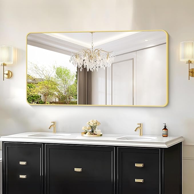 55"x30" Gold Bathroom Mirror, Large Rectangle Mirror, Rectangular Wall Mirror, Rounded Corner Vanity Mirror with Aluminum Metal Frame for Bathroom Bedroom Living Room Horizontal/Vertical