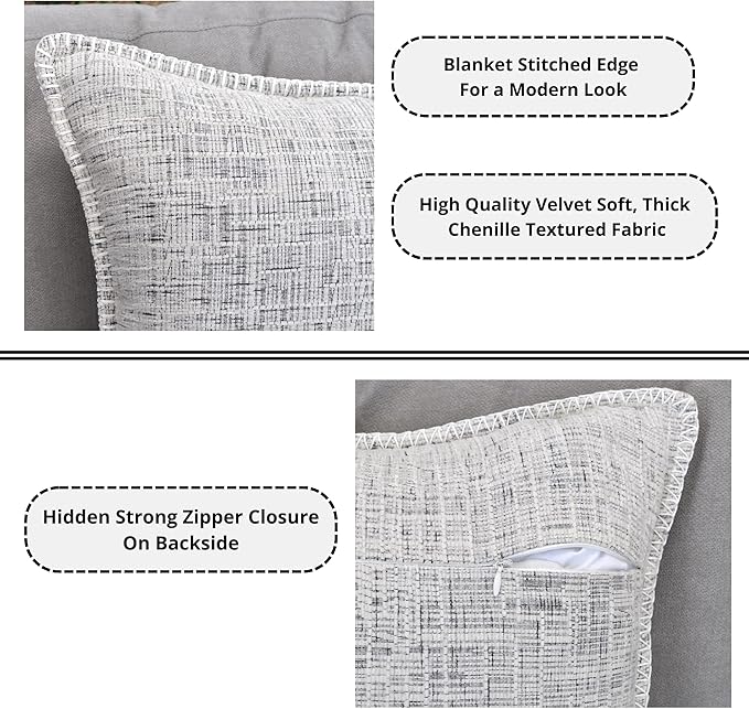 16x16 Pillow Covers Cream White & Black Set of 2, Decor Pillow Covers Square, Textured Soft Chenille Deco Cushion Covers with Trim Edge, Decorative Modern Pillows Cases for Couch Living Room Sofa