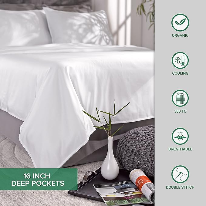 Queen Sheets by Pure Bamboo, Genuine 100% Organic Viscose Derived from Bamboo Bed Sheet Set, Luxuriously Soft & Cooling, Double Stitching, Lifetime Quality Promise (Queen, Jacquard White)