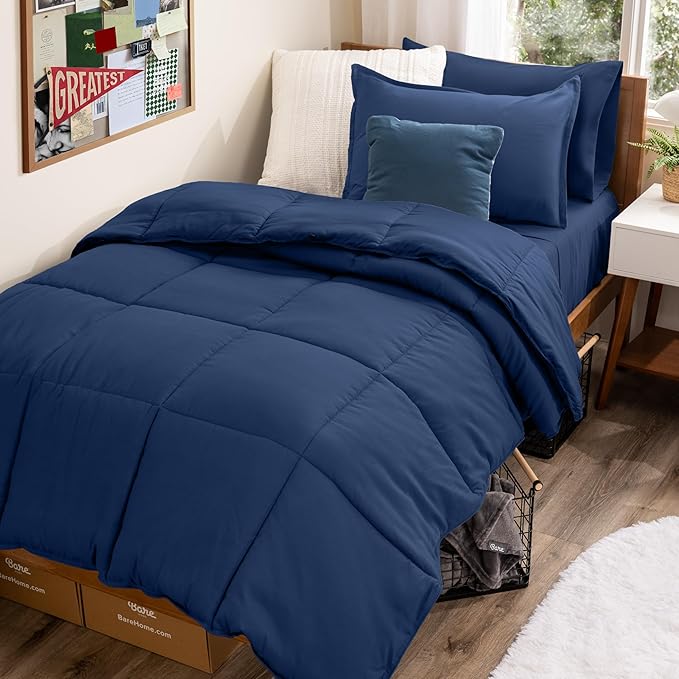 Bare Home Bed-in-A-Bag 5 Piece Comforter & Sheet Set - Twin XL - Goose Down Alternative - Ultra-Soft 1800 Premium Bedding Set (Twin XL, Dark Blue/Dark Blue)