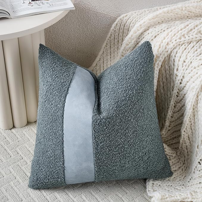 Pack of 2 Faux Leather Boucle Throw Pillow Covers 18"x18" Blue Chic Accents Textured Square Decorative Pillow Cases for Living Room Couch Bed Farmhouse Boho Home Decor