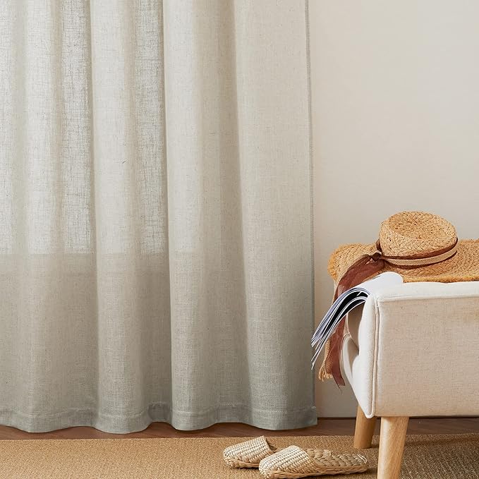 RYB HOME Flax Linen Blend Curtains - European Flax Linen Semi Sheer Curtains Privacy Protect Window Drapes Light Filter for Parlor, Sliding Door, Villa, Party, W 52 x L 95 inch, Angora, 2 PC