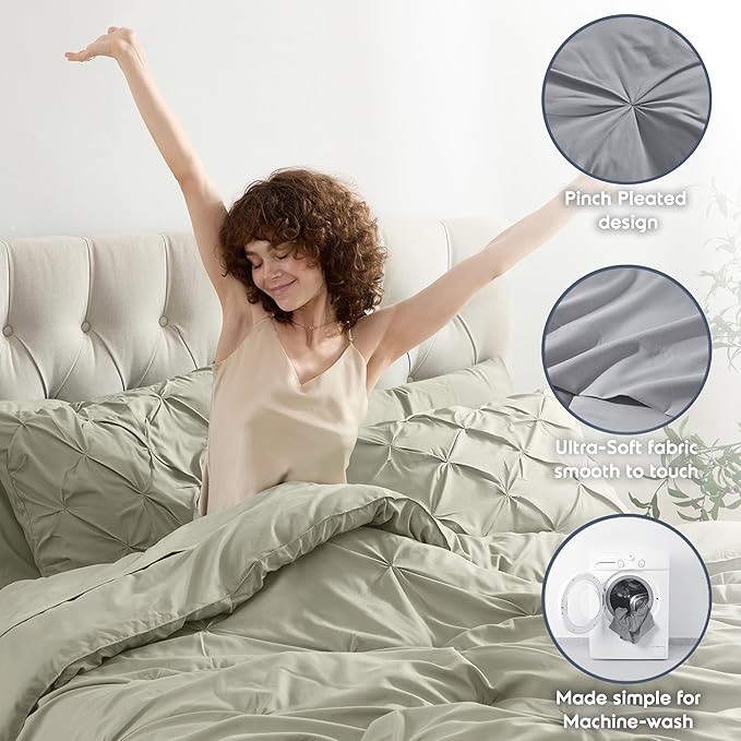 Nestl California King Comforter Set 7 Piece - Pintuck Cal King Comforter Set Light Sage, California King Bed in a Bag, All Season Bed Set with Flat Sheet and Fitted Sheet, Pillowcases and Shams