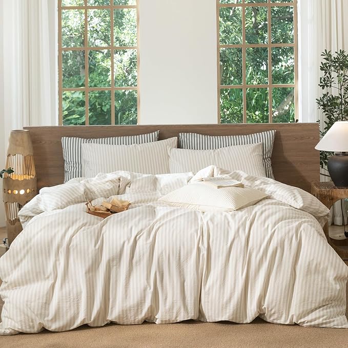 MooMee Striped Duvet Cover Set 100% Washed Cotton Linen Like Textured Breathable Durable Soft Comfy (Almond Milk Grey Classic Stripes, Super Queen 90"x98")