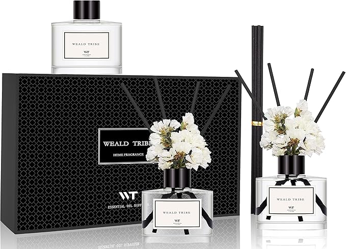 WEALD TRIBE Flower Reed Diffuser Set of 3 for Bathroom Accessories Shelf Decor & Air Fresheners, Stick Defusers | Velvet Vanilla, Hotel White Tea, Tahitian Crown Flower Scent(1.7oz/Pack) Office Gift