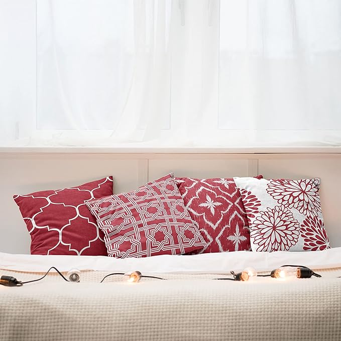 Ambesonne Vintage Throw Pillow Cushion Case Pack of 4, Monochrome Design Grid Trellis Quatrefoil Mesh and Dahlia Flowers Modern Print, Modern Accent Double-Sided Digital Printing, 20", Ruby and White