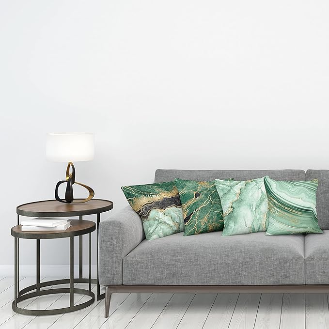 Ambesonne Marble Print Throw Pillow Cushion Case Pack of 4, Abstract Look Nature Stone Ornaments Modern with Minty Details Print, Modern Accent Double-Sided Digital Printing, 24", Jade Green Dark Grey