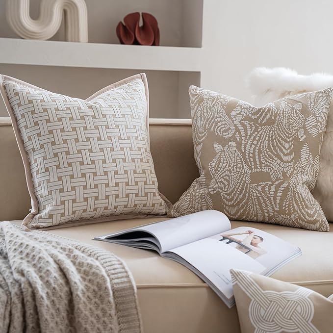 Premium Throw Pillow Covers 20x20 Inches - Oatmeal Zebra Chenille Jacquard Embroidery Decorative Couch Pillow Covers for Living Room Bedroom Sofa Home Décor