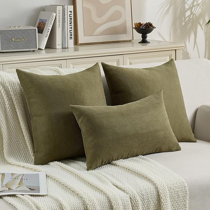 FUTEI Olive Green Chenille Throw Pillow Covers 16x16 Inch Set of 2,Soft Wide Chevron Textured Cushion Case,Farmhouse Home Decor for Couch Living Room