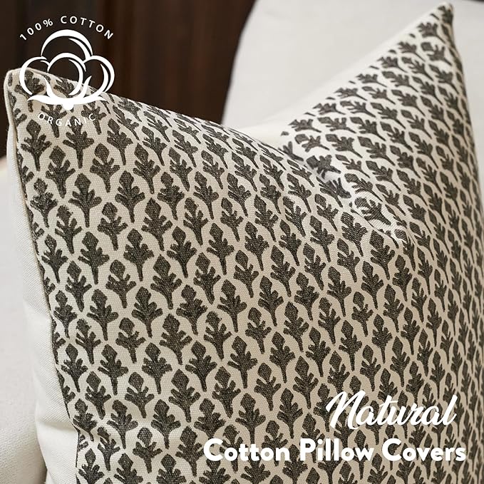 Floral Pillow Covers 24x24 Pillow Cover Block Print Couch Pillows for Living Room Decorative Neutral Accent Throw Pillow Covers, 1PC, Charcoal Black