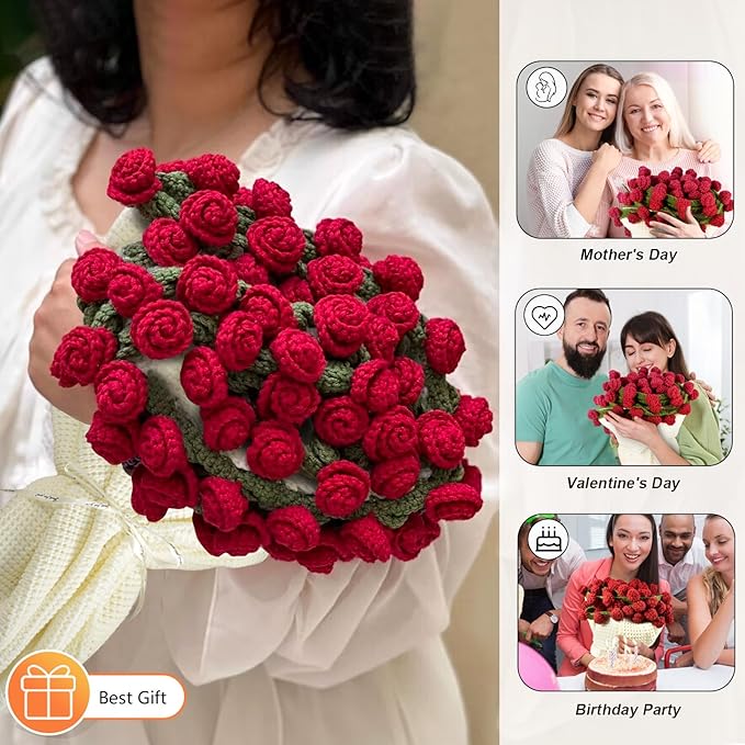 51" Handmade Crochet Rose Flower Bouquet Blanket, Soft Chunky Knit Throw Blanket for Sofa Couch Bed, Christmas Birthday Gifts for Her Wife Girlfriend Mom Grandma, Women Decorative Giftable Blankets
