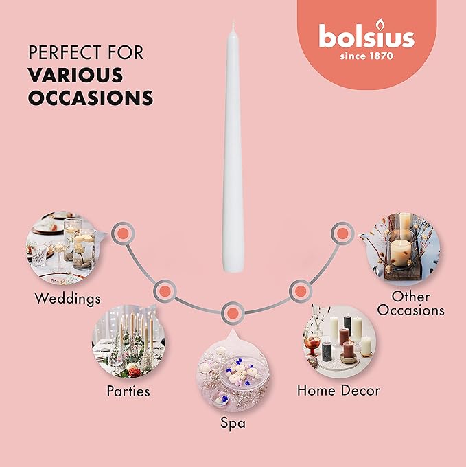 BOLSIUS White Taper Candles - 4 Pack Unscented 10 Inch Dinner Candle Set - 8 Hours Burn Time - Premium European Quality - Smokeless and Dripless Household, Wedding, Party, and Home Decor Candlesticks