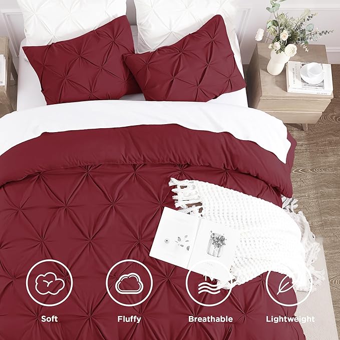 Andency Burgundy Comforter Set King(104x90Inch), 3 Pieces(1 Pinch Pleat Comforter and 2 Pillowcases) All-Season Pintuck Comforter Set, Soft Lightweight Microfiber Bedding Set