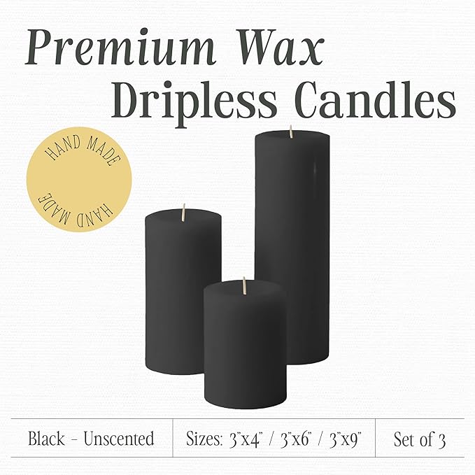 Mister Candle Unscented Dripless Pillar Candles Set of 3, Hand Poured 3 Inch Candles, Premium Wax, Decorative Pillar Candles, (3" x 4", 3" x 6", and 3" x 9", Black)