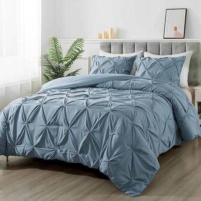 Andency Grayish Blue Pinch Pleat Comforter Full(79x90Inch), 3 Pieces(1 Pintuck Comforter and 2 Pillowcases) Solid Soft Down Alternative Microfiber Lightweight Bedding Set All Season