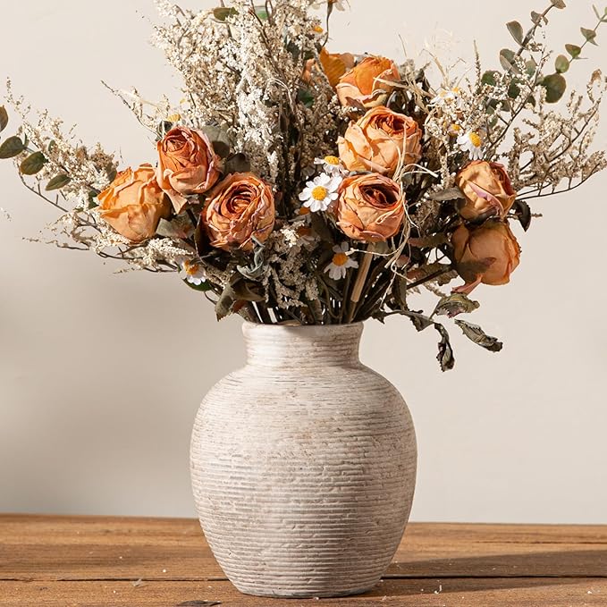 Ceramic Flower Vase Home Decor - Small Farmhouse Table Vases Rustic Vintage Living Room Kitchen Bedroom Decorations for House Book Shelf Office Coffee Desk Dining Fireplace (6" Retro)