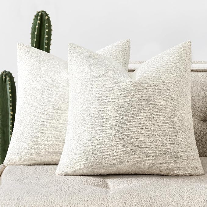 Woaboy Pack of 2 Decorative Boucle Throw Pillow Covers Textured Square Pillowcaes Accent Solid Cozy Soft Cushion Covers Christmas Home Decor for Sofa Couch Living Room Bed,18x18 Inch White