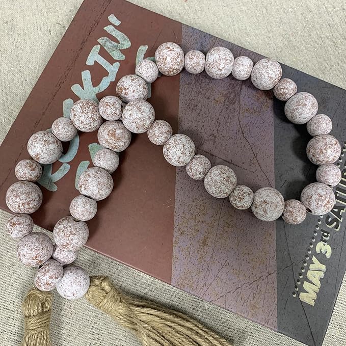 Handcrafted Farmhouse Wooden Decorative Beads Garland, Table Tray Boho Wood Beads with Tassel, Small Rustic Antique Decor for Home and Events (Rustic White)