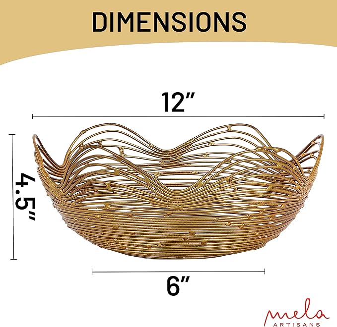 Mela Artisans Decorative Bowl | 12-Inch Gold Metal Wire Fruit Bowl | Perfect for Kitchen Counter | Fruits | Potpourri | Vegetables | Snacks | Candies