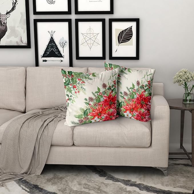 Giwawa Poinsettia Throw Pillow Covers Set of 2, 18"x18" Christmas Holly Berries Pine Cones Winter Red Floral Decorative Square Pillow Cases, Soft Cotton Cushion Covers for Sofa Porch Bedding Decor