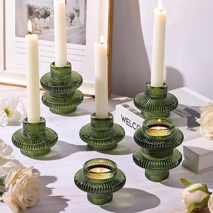 Green Taper Glass Candlestick Holders Tealight Candle Holders for Table Centerpieces, Wedding Decor and Dinner Party (8 Pcs, Green)