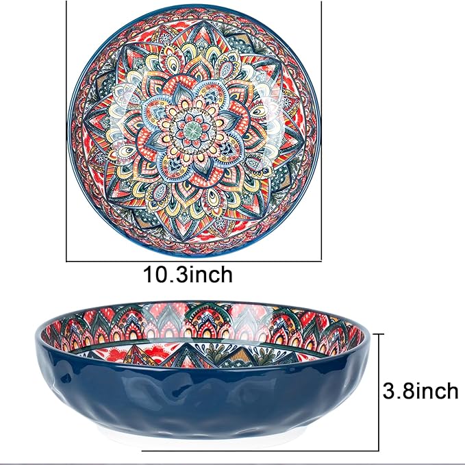 75 Oz Serving Bowls,2 Pack Bohemian Style Large Porcelain Dishes for Entertaining Parties,Big Bowls for Eating Soup, Salad, Pasta, Fruit, Chips, 10.3 Inch Diameter (blue Beige)
