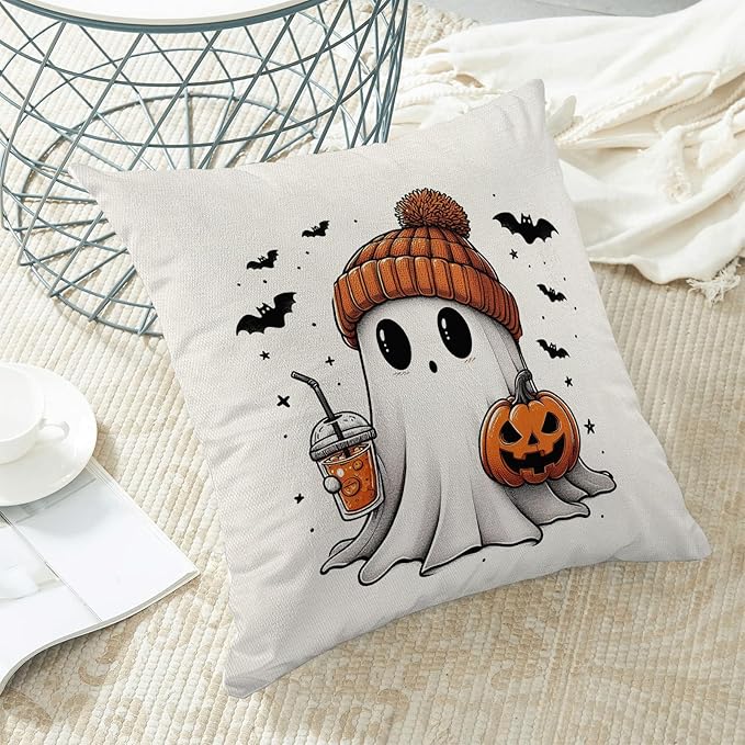 Halloween Pillow Covers 18 x 18 Inch, Burnt Orange Pumpkin Decor Throw Pillows for Home Couch Bed, Black Cream Cute Ghost Bat Fall Outdoor Decorative Pillowcase Linen Cushion Cover Set of 2