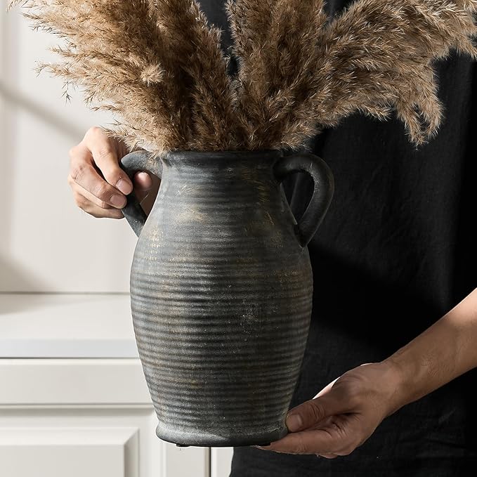 Large Ceramic Rustic Vase with 2 Handles, 9.8 inch Farmhouse Flower Vase, Minimalist for Home Decor, Living Room, Shelf Decor, Pampas Grass, Enterway, Table Decoration, Gift, Bronze