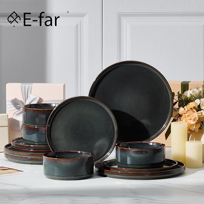 E-far 12-Piece Plates and Bowls Sets, Stoneware Dinnerware Dishes Sets for 4, Kitchen Modern Dining Dishware, Chip & Scratch Resistant, Microwave & Dishwasher Safe, Blackish Green