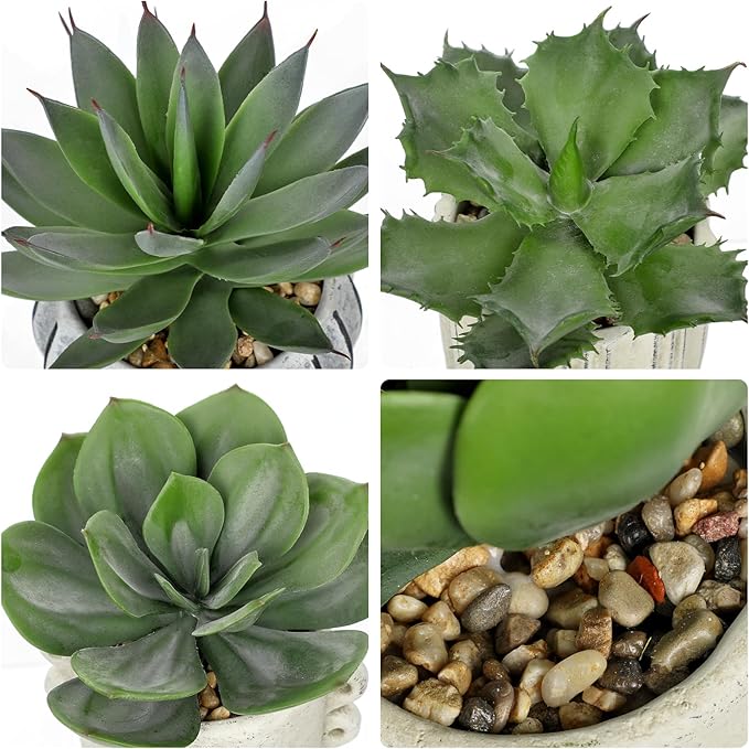Briful 3 Pack Faux Succulent Plants in Vintage Cement Pots – Artificial Aloe Succulent Decor with Realistic Leaves and Pebble Base – Rustic Mini Plant Set for Home Office Bathroom Bookshelf