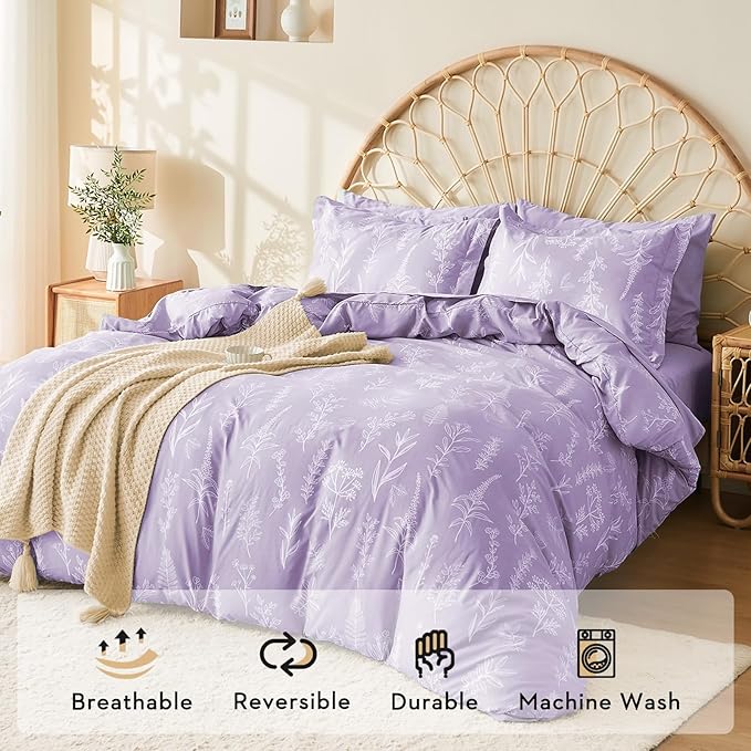 MUXHOMO Lavender Purple Bed in a Bag Queen 7 Pieces, Queen Comforter Set Reversible Botanical Flowers Design, Ultra Soft & Breathable Bedding Sets with Comforter, Sheets, Pillowcases & Shams