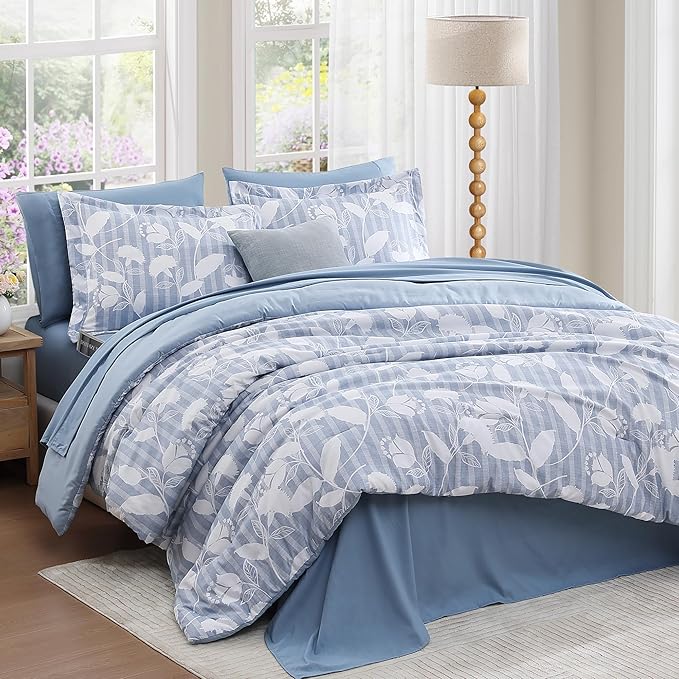 Queen Comforter Set -7 Pieces Blue Floral Comforter Set for All Seasons, Bed in a Bag Queen with Botanical Flowers Comforter, Sheets, Pillowcases & Shams