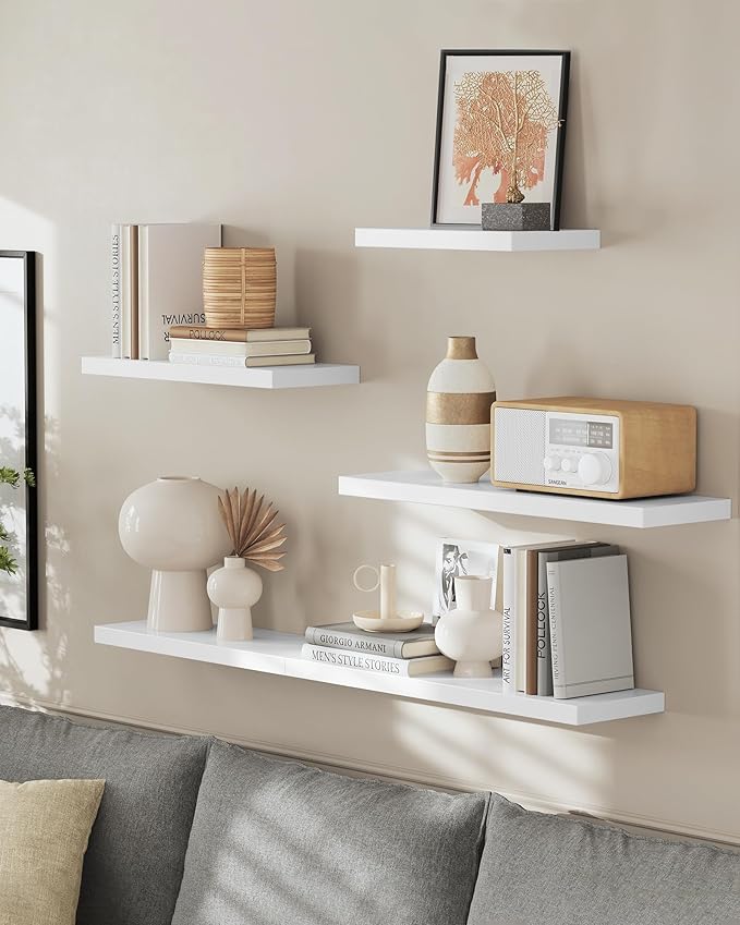 VASAGLE Wall Shelves Set of 2, Floating Shelves, 8 x 23.6 x 1.5 Inches, Display Shelves for Picture Frames, Decor, Hanging Shelf for Living Room, Kitchen, White ULWS056W01