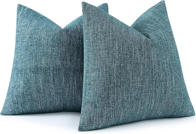 decorUhome Chenille Decorative Throw Pillow Covers 22x22 Set of 2, Farmhouse Textured Square Neutral Solid Accent Pillow Covers for Couch Sofa Bed Living Room Home Decor, Teal