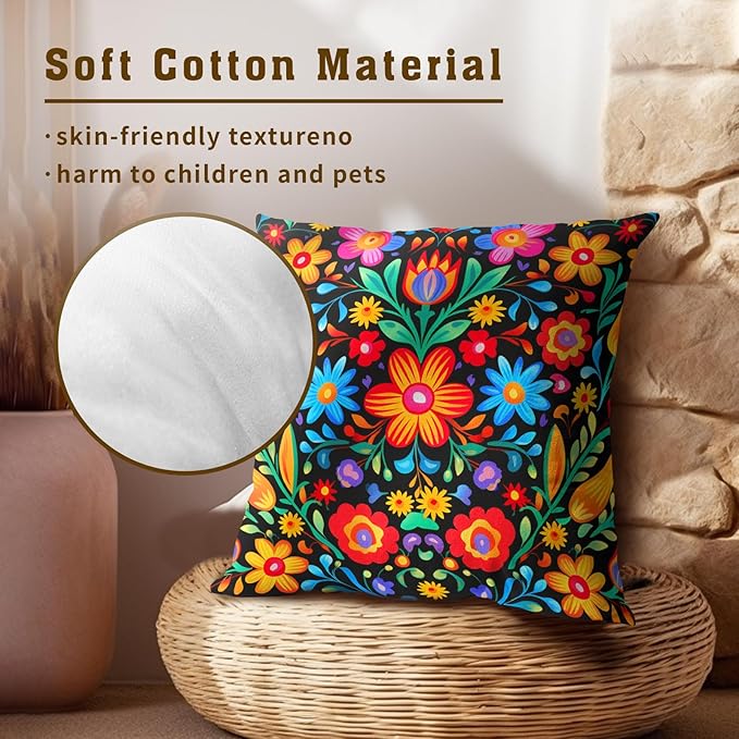 Mexican Flowers Throw Pillow Covers - Mexico Pillow Covers 16x16 Set of 2 Colorful Floral Pillowcase Botanical Blossom Cushion Case for Sofa Couch Outdoor Porch