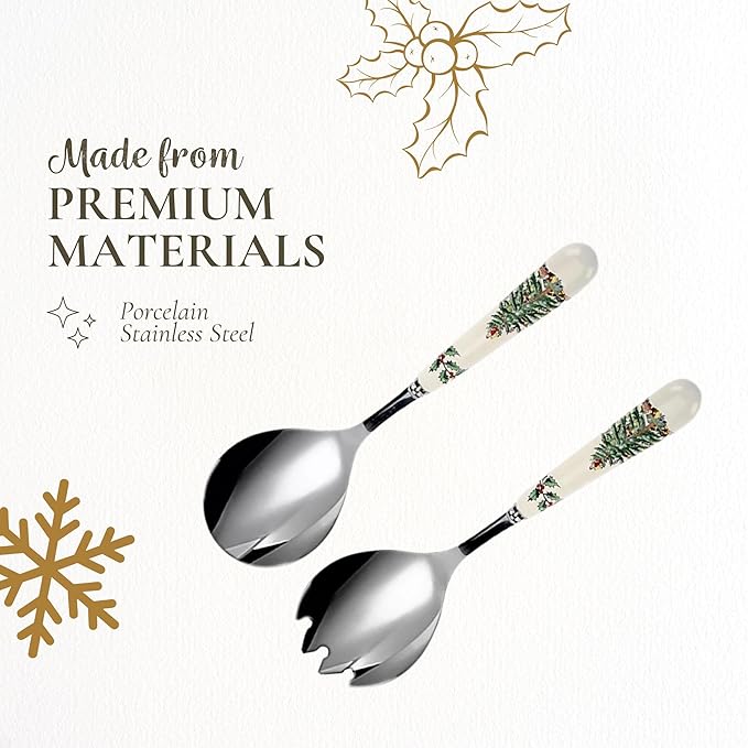 Spode Christmas Tree Salad Server Set (2-Piece) - 10 Inch Stainless Steel with Porcelain Handles, Festive Flatware for Holiday Dining - Dishwasher Safe, Seasonal Entertaining & Gift-Giving
