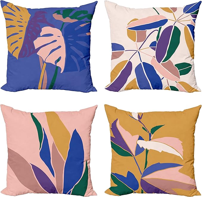 Ambesonne Exotic Throw Pillow Cushion Case Pack of 4, Tropical Themed Leaves Branches Monstera Plant Summer Vibes Pastel, Modern Accent Double-Sided Digital Printing, 18", Peach Blue Violet Mustard