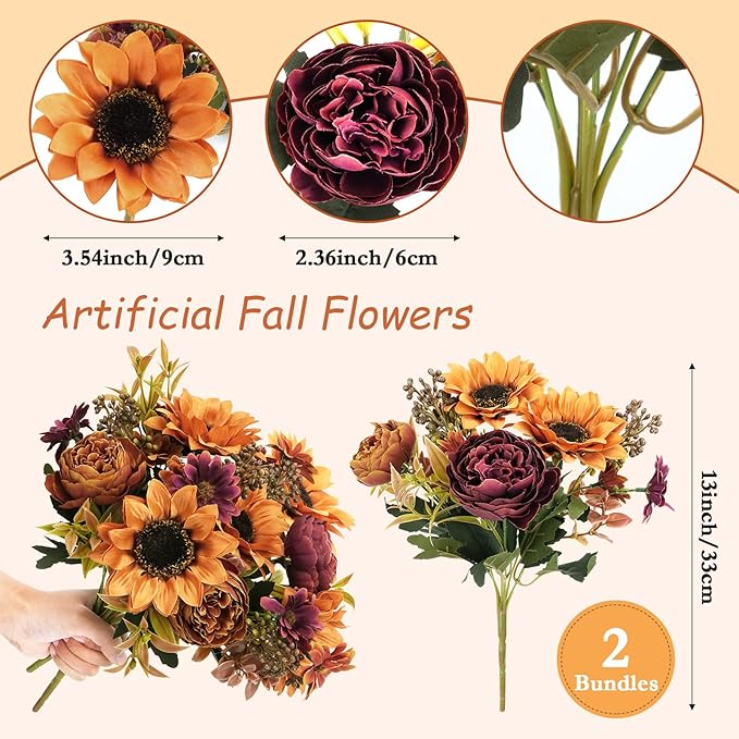 GTIDEA 2 Bundles Fall Flowers Bouquet Vintage Artificial Flowers Fake Sunflowers with Silk Peonies Orange Autumn Flowers for Home Table Centerpieces Wedding Festival Party Decor