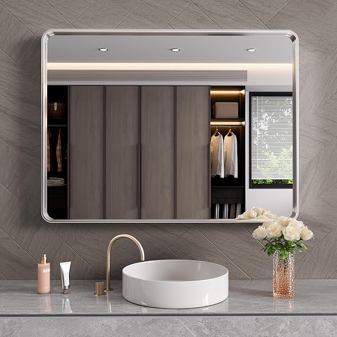 Brushed Nickel Bathroom Mirror 40x36 Inch, Brushed Silver Metal Frame Mirror Wall Mounted, Rounded Rectangle Bathroom Vanity Mirror, Tempered Glass, Anti-Rust, Horizontal/Vertical