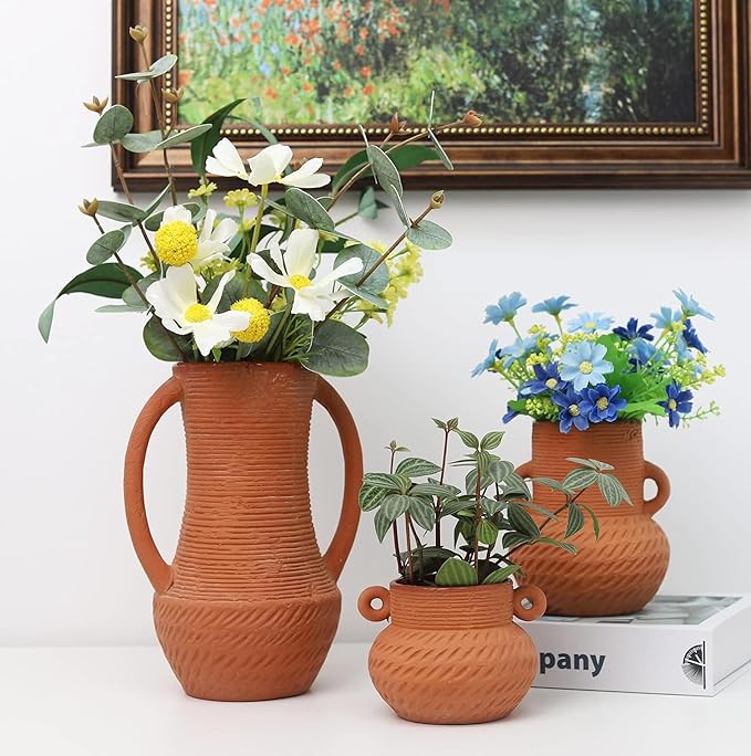 Terracotta Vases Sets, Farmhouse Decor, Ceramic Vase for Flower, Wide Mouth Rustic Home Decor Vases for Flowers, Living Room,Table,Shelf and Accessories (3)