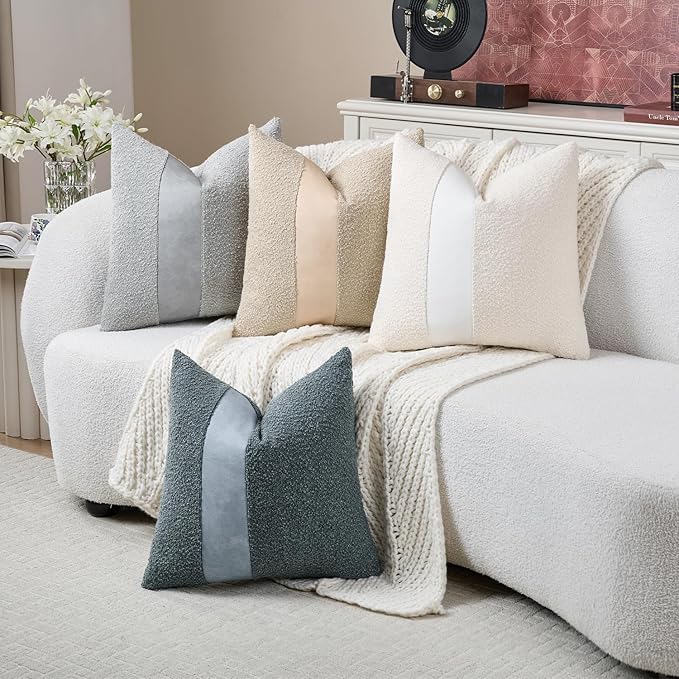 Pack of 2 Faux Leather Boucle Throw Pillow Covers 20"x20" Grey Chic Accents Textured Square Decorative Pillow Cases for Living Room Couch Bed Farmhouse Boho Home Decor