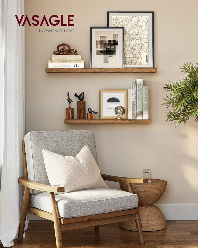 VASAGLE Wall Shelves Set of 2, Floating Shelves, Wall Mounted, 8 x 23.6 x 1.5 Inches, Display Shelves for Picture Frames, Wall Decor, Hanging Shelf for Living Room, Kitchen, Rustic Brown ULWS056B01