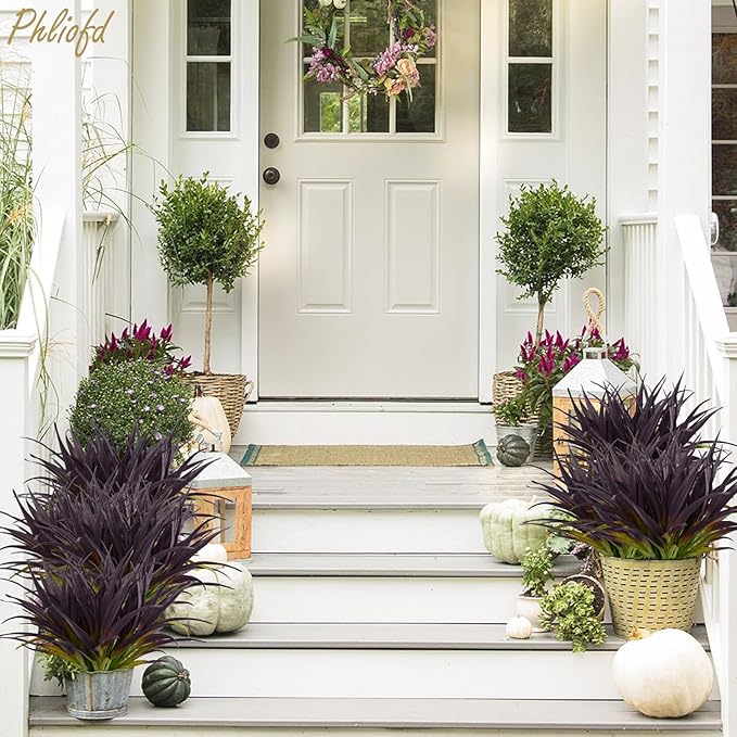 6Pcs Artificial Grass Fake Grass Plants 17.3in Outdoor Plants UV Resistant Faux Greenery Stems for Home Window Garden Office Patio Pathway Front Porch Halloween Décor Light Green & Purple