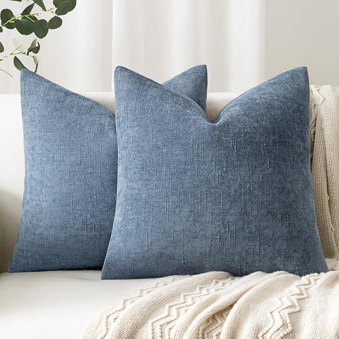 Woaboy Set of 2 Textured Throw Pillow Covers Decorative Soft Accent Square Chenille Pillowcases Neutral Farmhouse Cushions Modern Home Decor for Couch Sofa Bedroom Living Room 20x20 Inch,Blue Gray