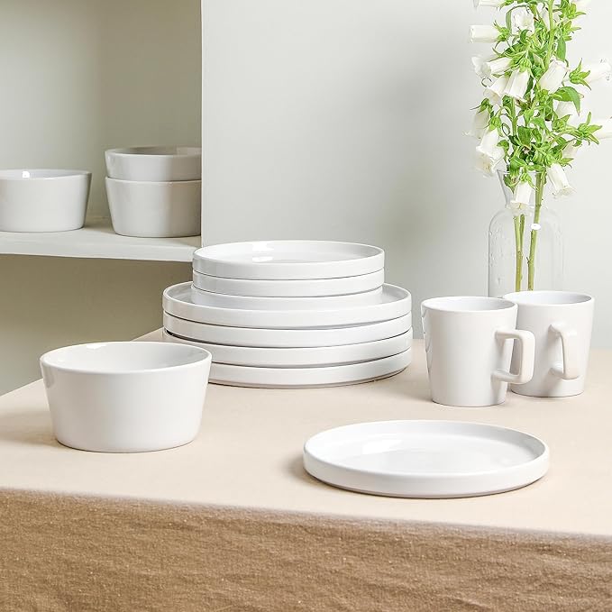 Stone Lain Celina Modern Stoneware 16-Piece Dinnerware Set, Plates and Bowls Set, White Glossy, Dish Set Service For 4