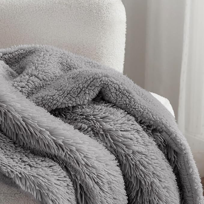 Bedsure GentleSoft Fuzzy Sherpa Faux Fur Twin Blanket Grey Cozy Gifts for Women Men, Soft Fleece Plush Warm Minky Thick Blanket Twin Size for Bed, Couch, Dorm Essentials Grey Room Decor Gifts, 60x80