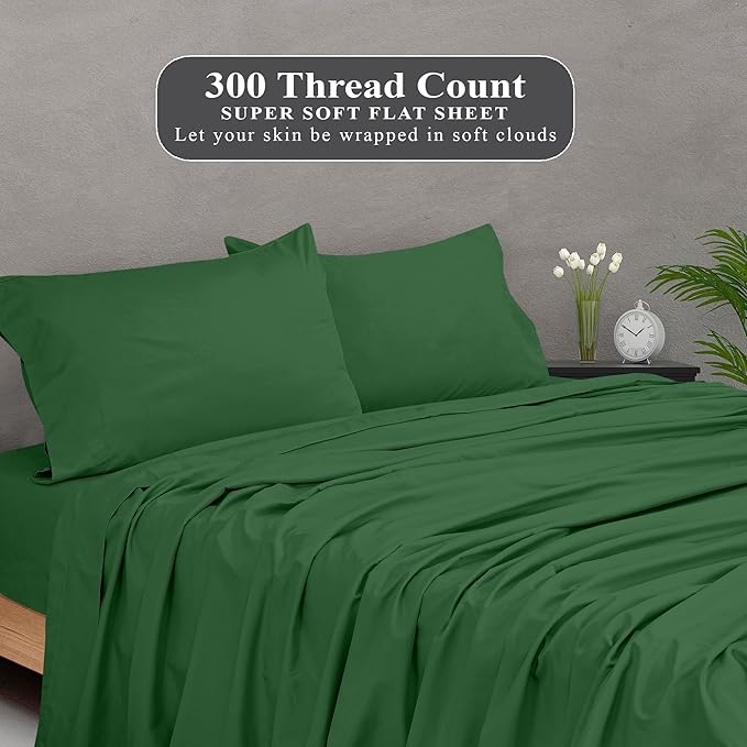 Royale Linens 300 Thread Count 100% Long Staple Combed Cotton Flat Sheet - Super Soft - Top Sheets -Full Flat Sheet Sold Separately - Breathable, Cool & Crisp Percale Sheets Only (Full, Hunter Green)